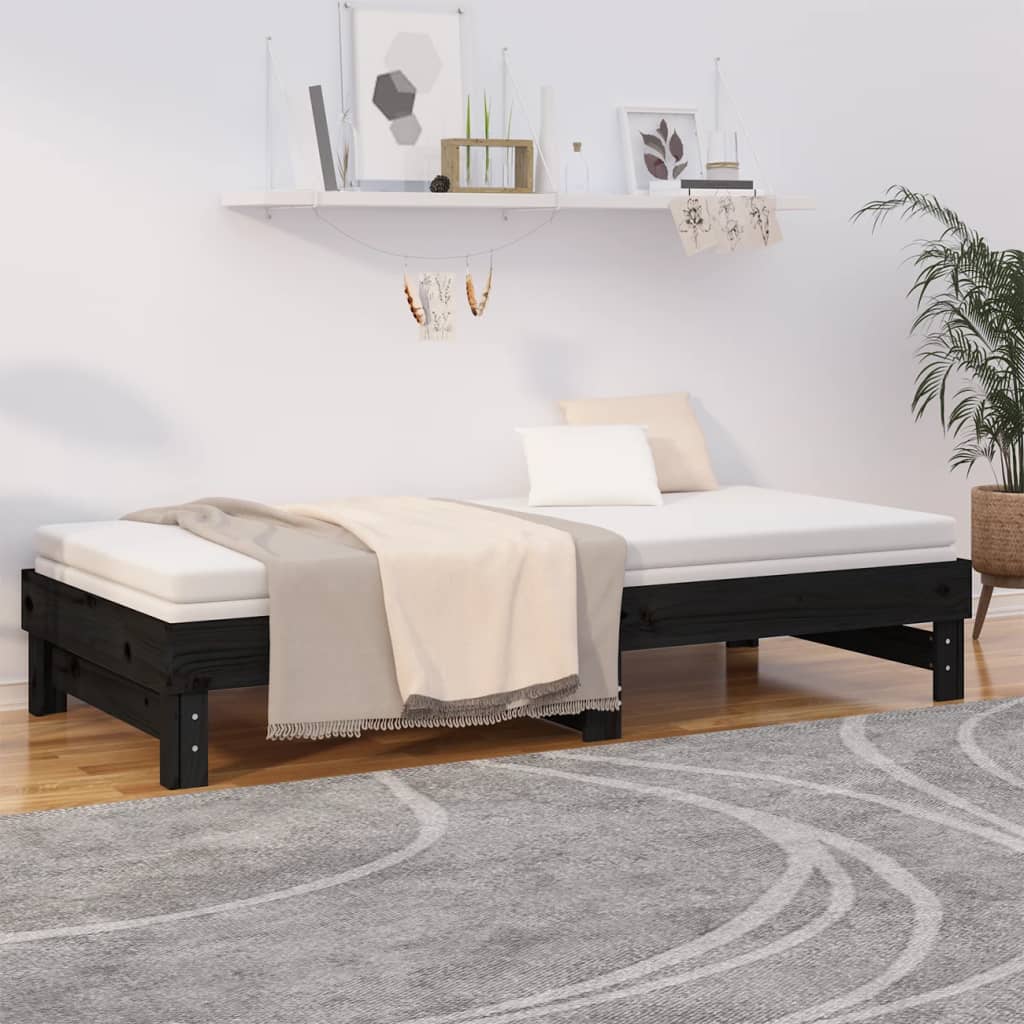 Dormeuse Estraibile Nera 2x(90x200) cm Legno Massello di Pino