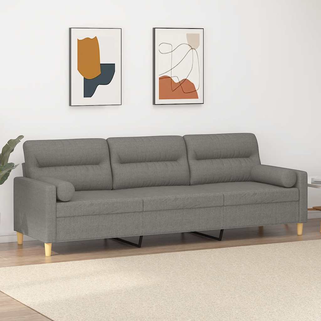 Divano a 3 Posti con Cuscini Grigio Scuro 210 cm in Tessuto