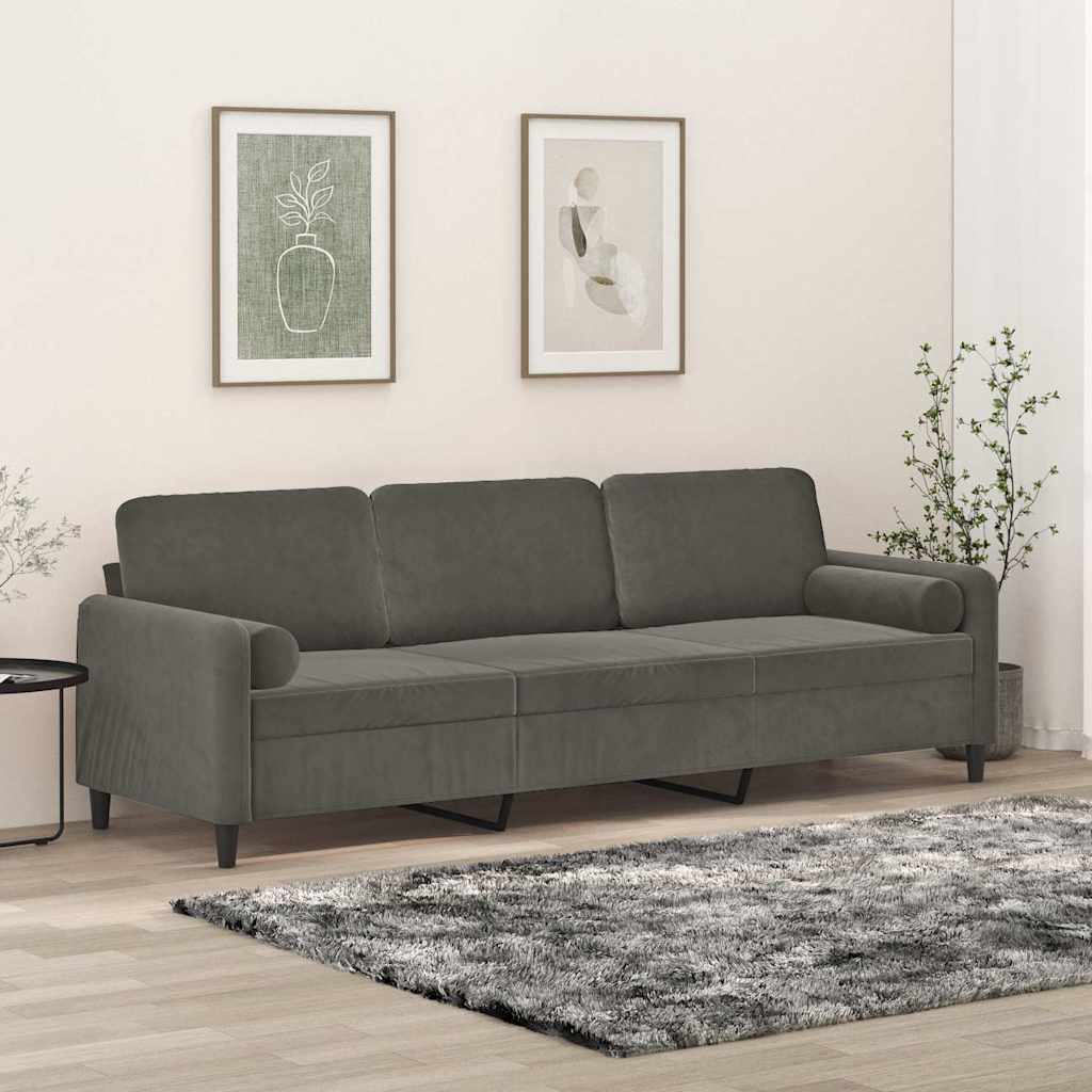 Divano a 3 Posti con Cuscini Grigio Scuro 210 cm in Velluto