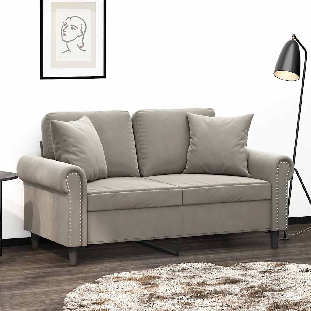 Divano a 2 Posti con Cuscini Grigio Chiaro 120 cm in Velluto