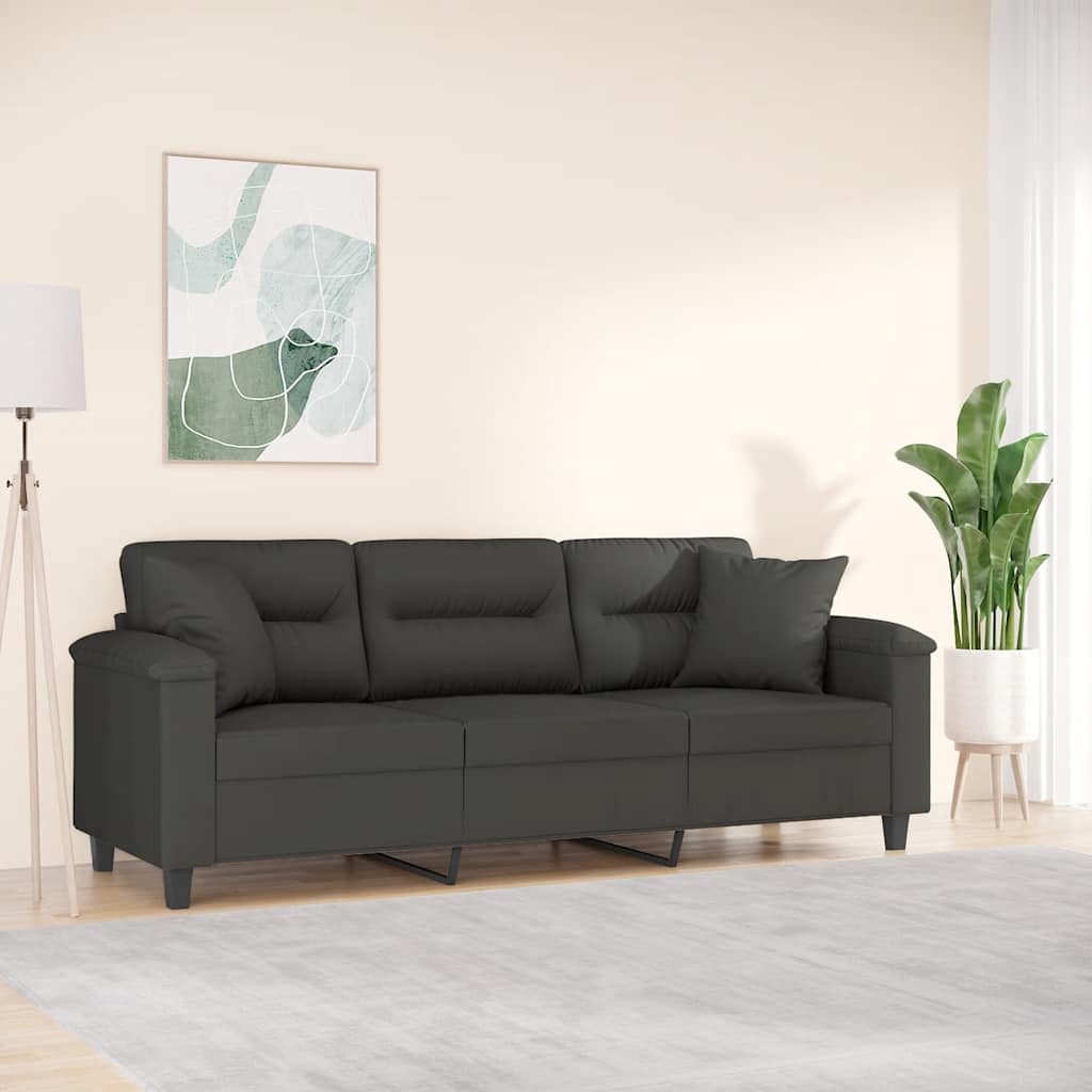 Divano a 3 Posti Cuscini Grigio Scuro 180cm Tessuto Microfibra
