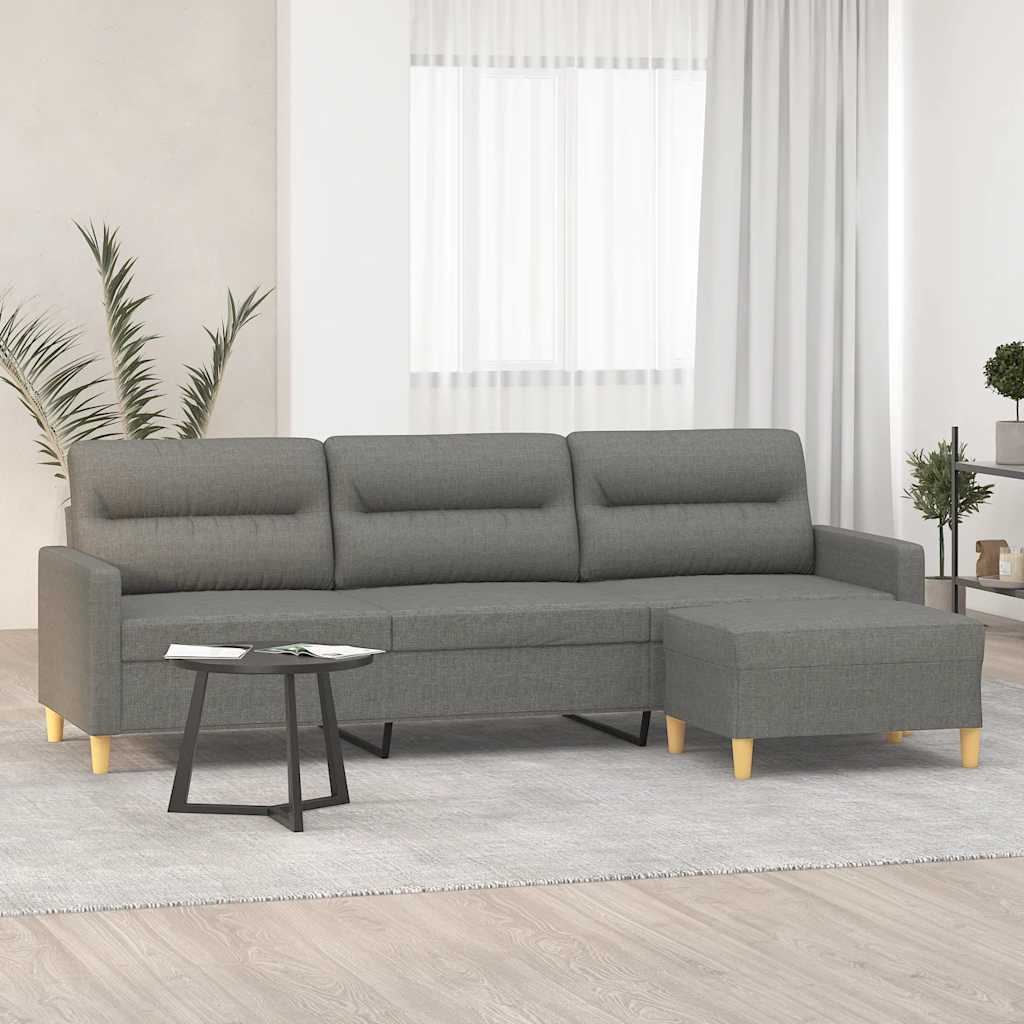 Divano a 3 Posti con Poggiapiedi Grigio Scuro 210cm in Tessuto