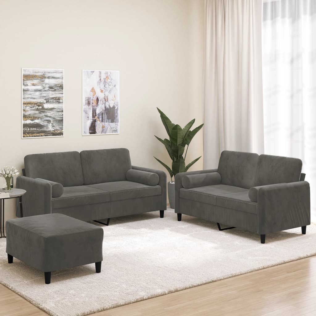 Set di Divani 3 pz con Cuscini Decorativi Grigio Scuro Velluto