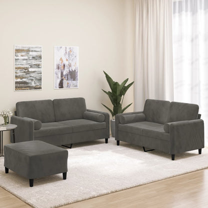 Set di Divani 3 pz con Cuscini Decorativi Grigio Scuro Velluto