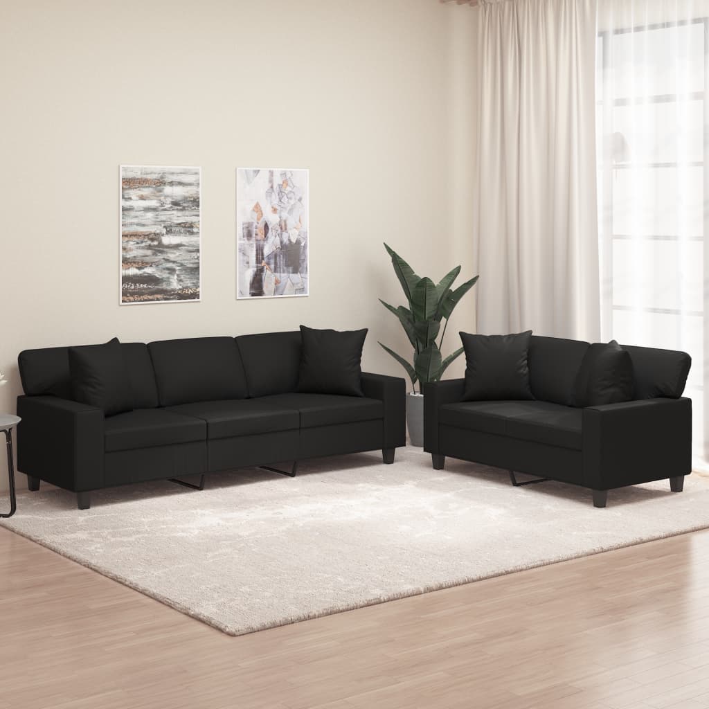 Set di Divani 2 pz con Cuscini Nero in Similpelle