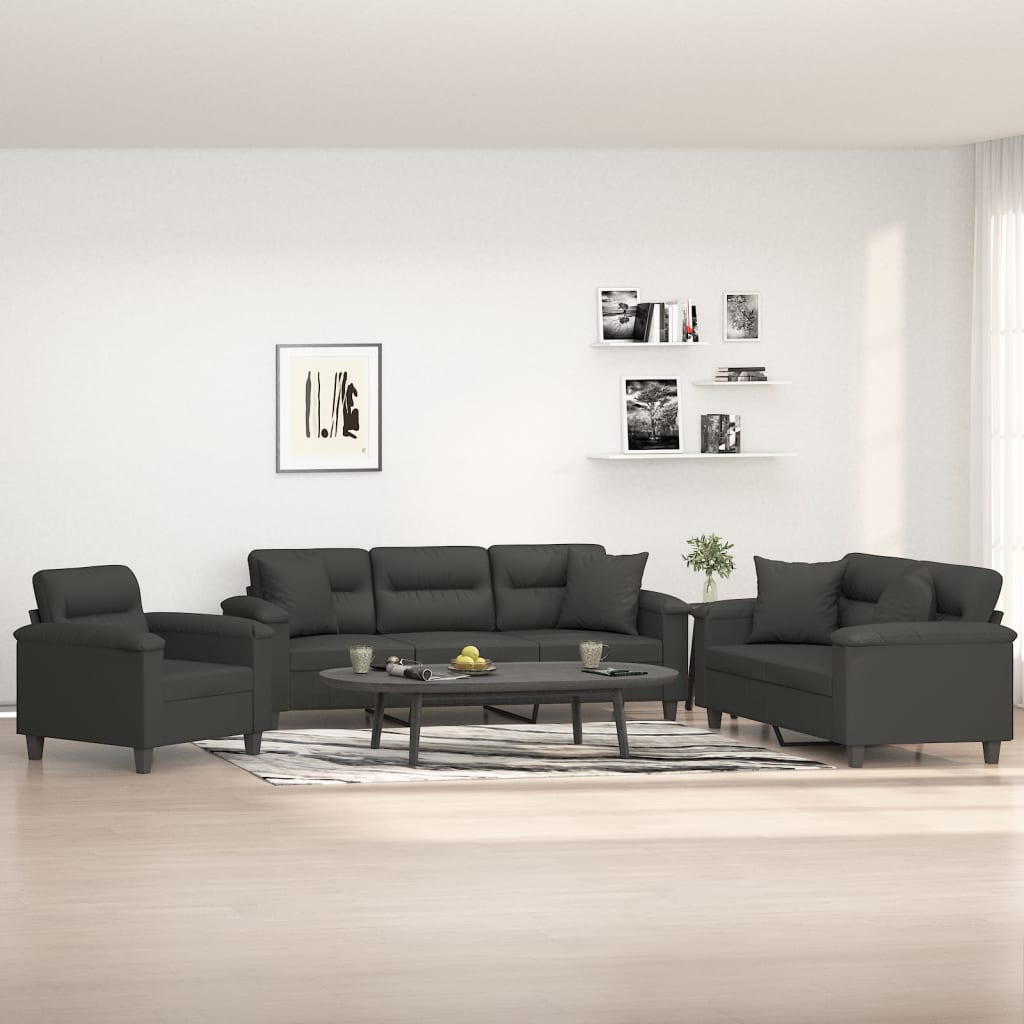 Set Divani 3 pz con Cuscini Grigio Scuro in Tessuto Microfibra