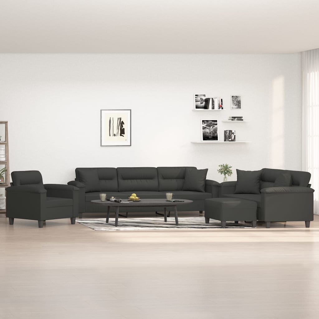 Set Divani 4 pz con Cuscini Grigio Scuro in Tessuto Microfibra