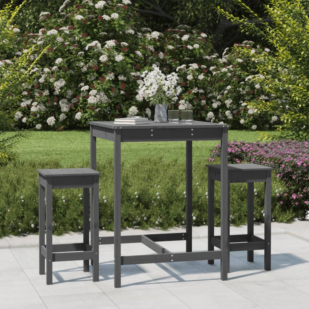 Set Bar da Giardino 3 pz Grigio in Legno Massello di Pino
