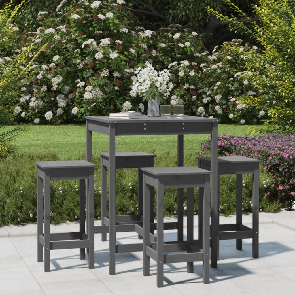 Set Bar da Giardino 5 pz Grigio in Legno Massello di Pino