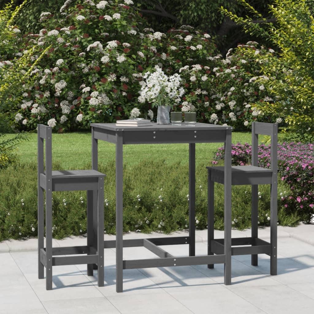 Set Bar da Giardino 3 pz Grigio in Legno Massello di Pino
