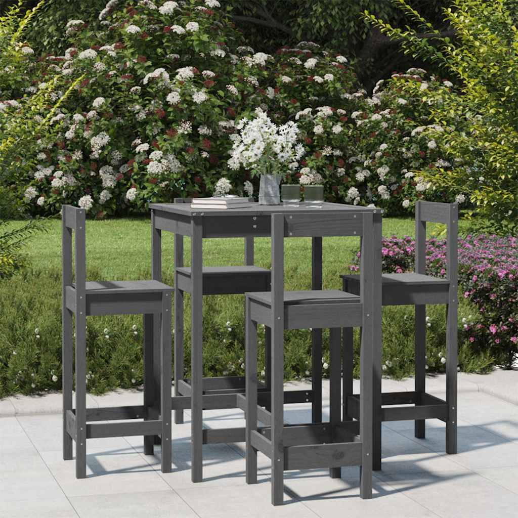Set Bar da Giardino 5 pz Grigio in Legno Massello di Pino