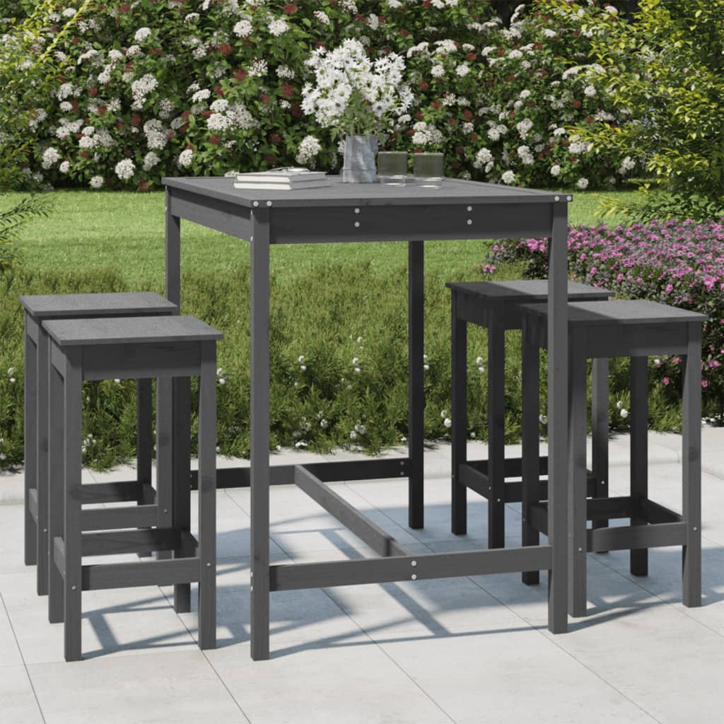 Set Bar da Giardino 5 pz Grigio in Legno Massello di Pino