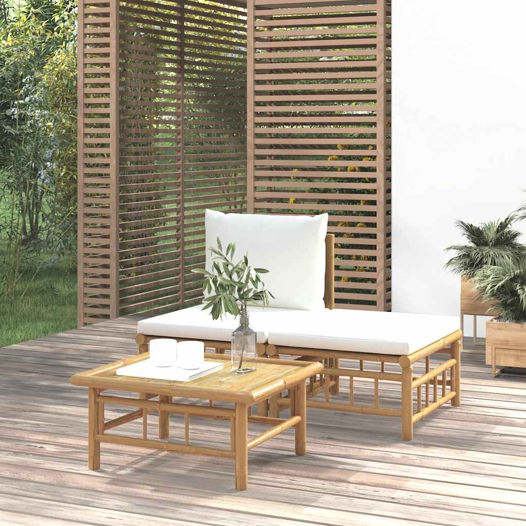 Set Salotto da Giardino 3pz con Cuscini Bianco Crema in BambÃƒÂ¹
