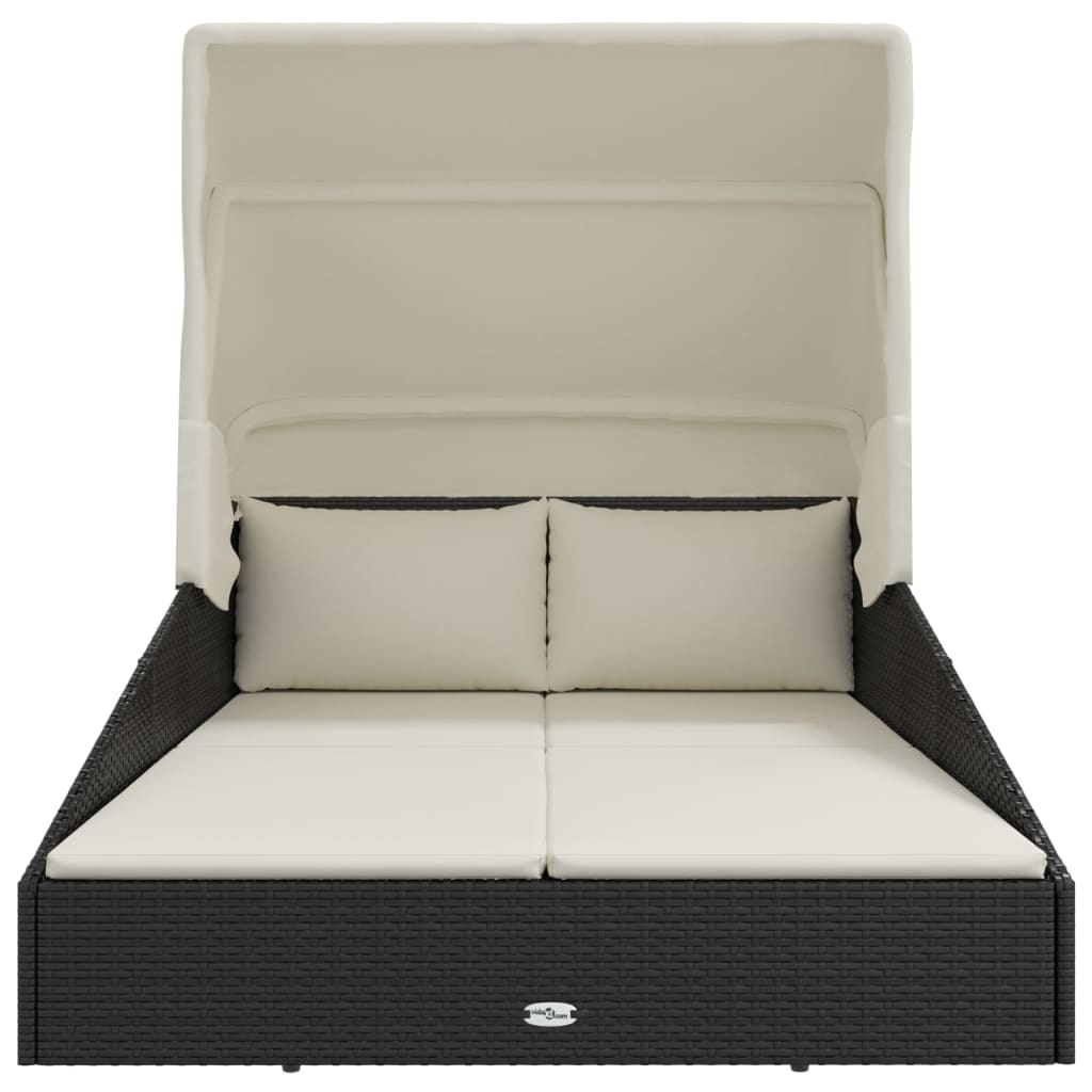Lettino con Tettuccio Pieghevole Nero 200x114x128 cm Polyrattan