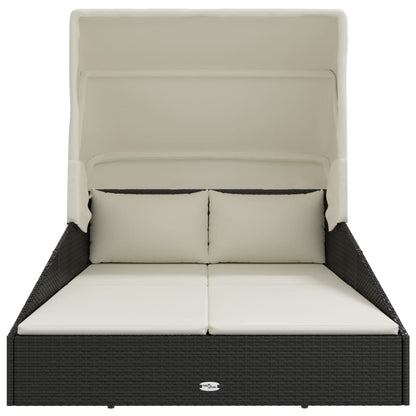 Lettino con Tettuccio Pieghevole Nero 200x114x128 cm Polyrattan