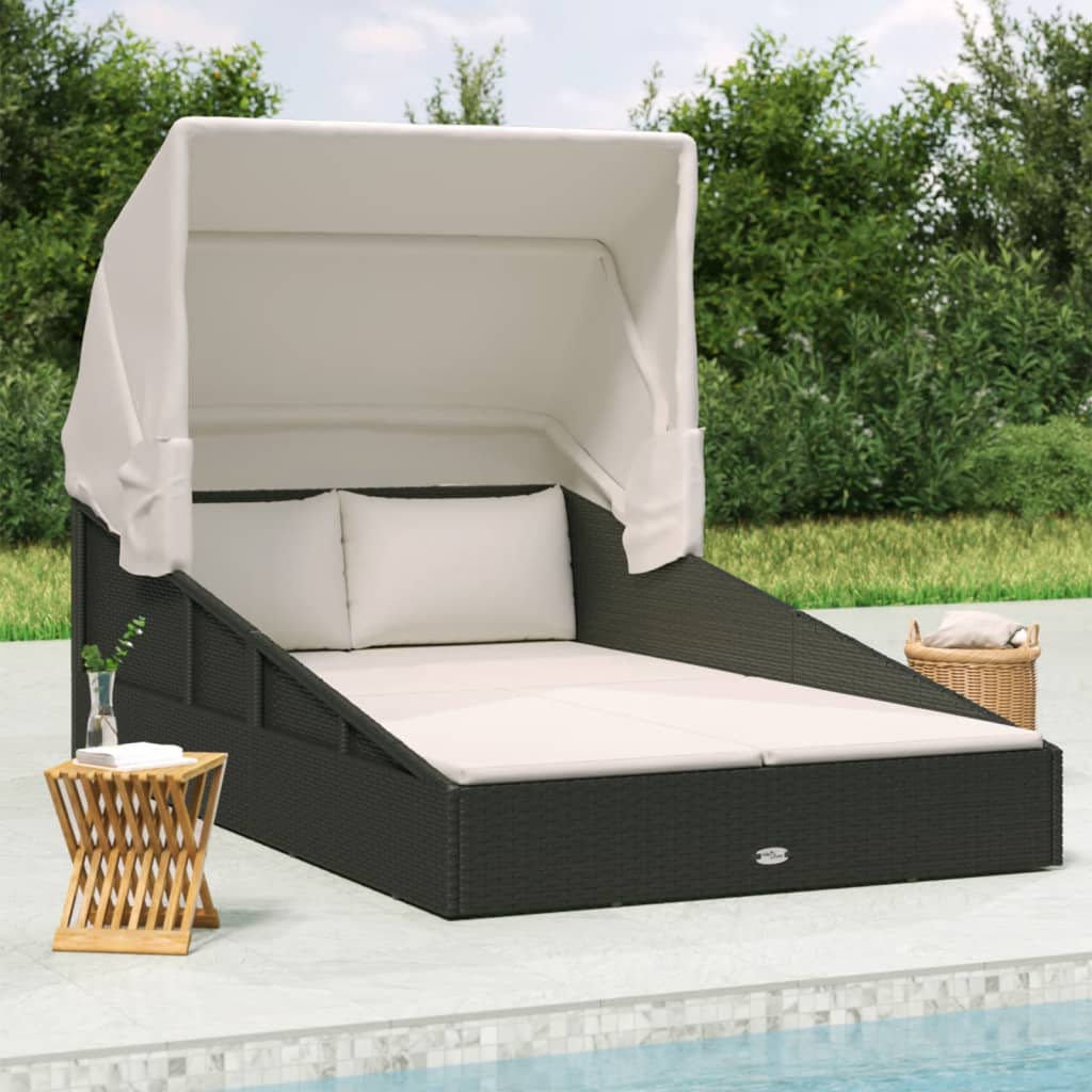 Lettino con Tettuccio Pieghevole Nero 200x114x128 cm Polyrattan