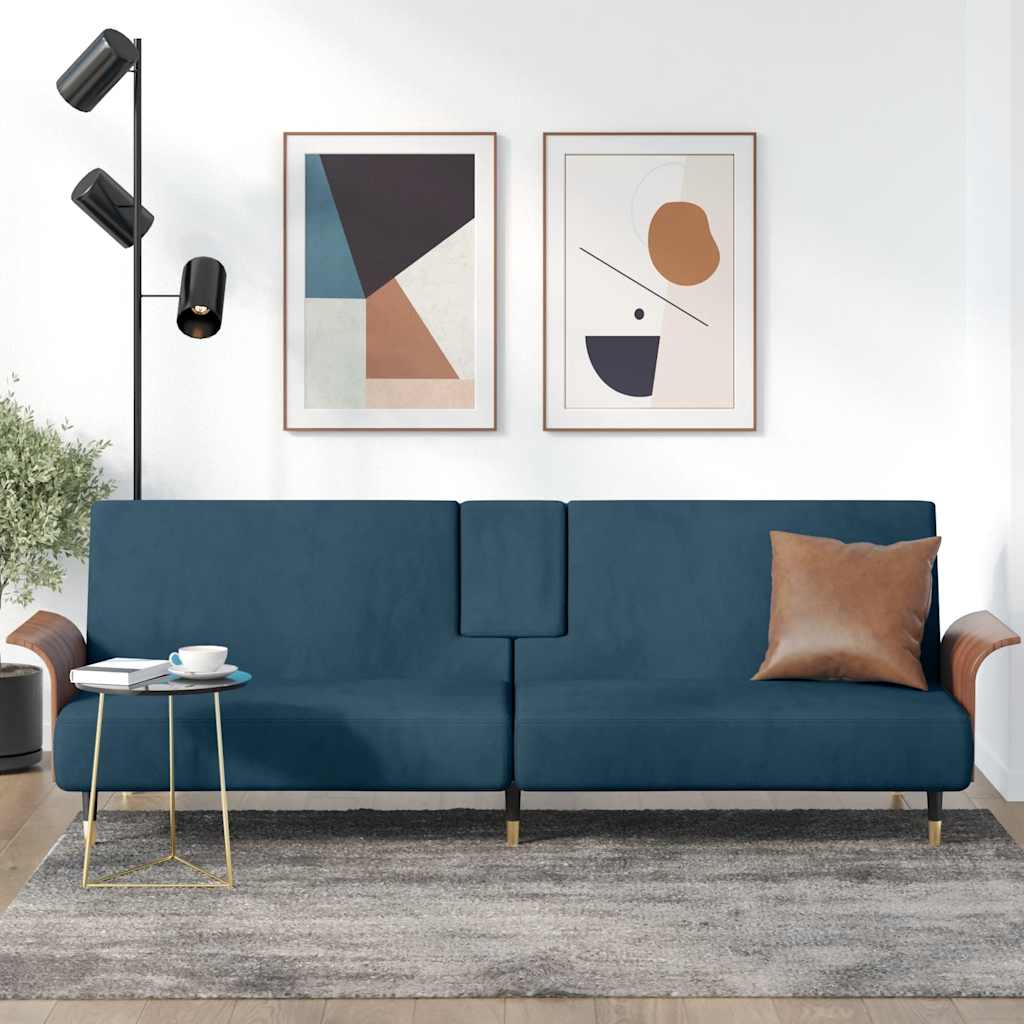 Divano Letto con Portabicchieri in Velluto Blu