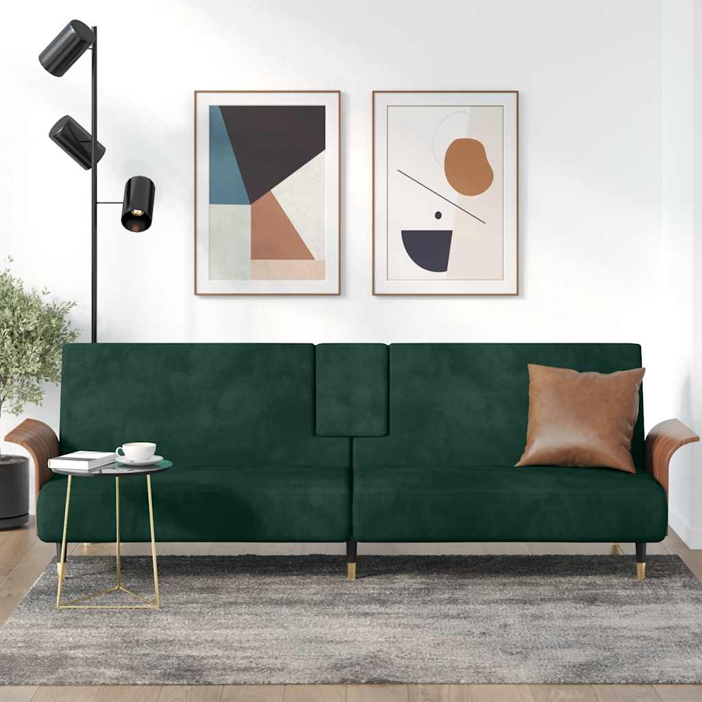 Divano Letto con Portabicchieri in Velluto Verde Scuro