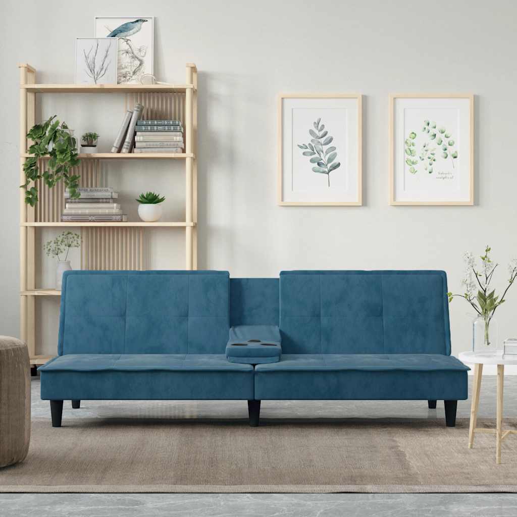 Divano Letto con Portabicchieri in Velluto Blu
