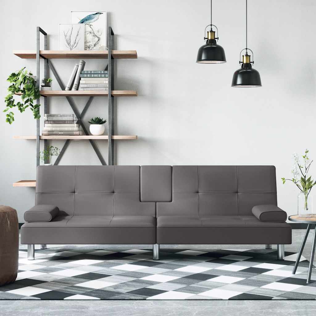 Divano Letto con Portabicchieri in Similpelle Grigio