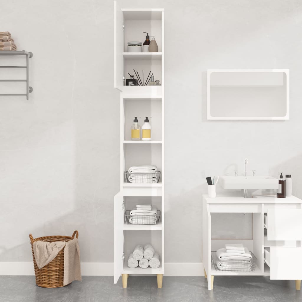 Armadietto Bagno Bianco Lucido 30x30x190cm in Legno Multistrato