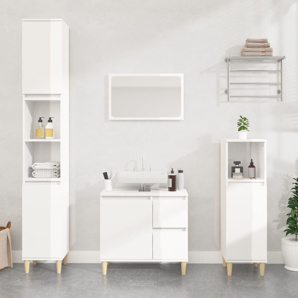 Armadietto Bagno Bianco Lucido 30x30x190cm in Legno Multistrato