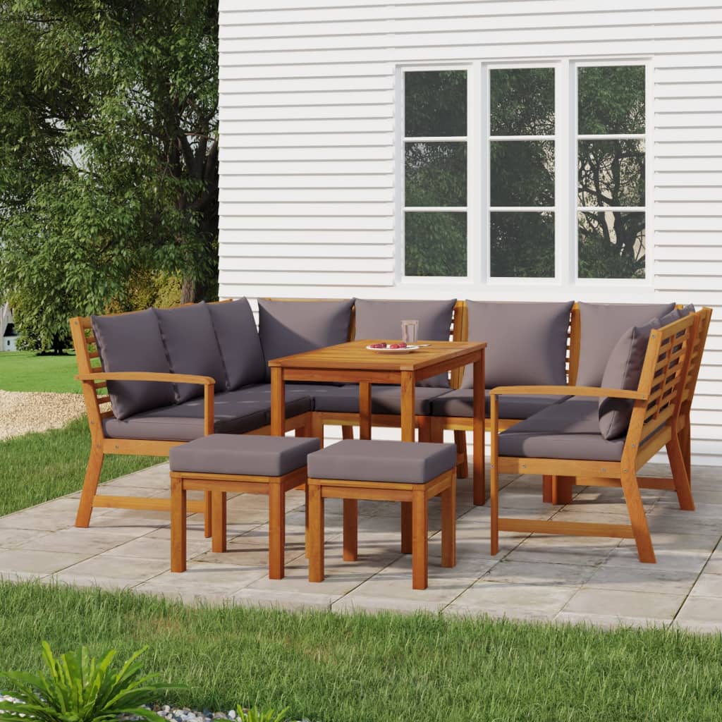 Set da Pranzo da Giardino 9pz con Cuscini Legno Massello Acacia