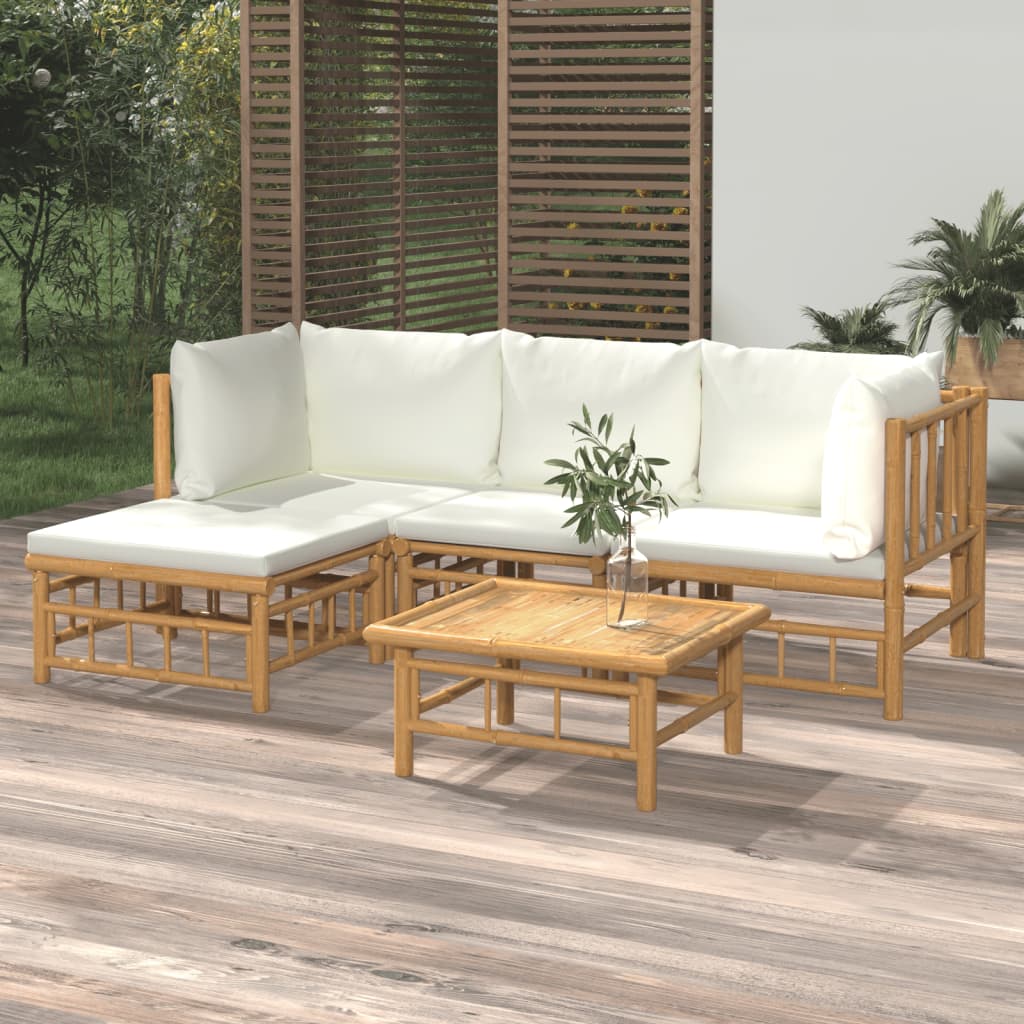 Set Salotto da Giardino 5pz con Cuscini Bianco Crema in BambÃ¹