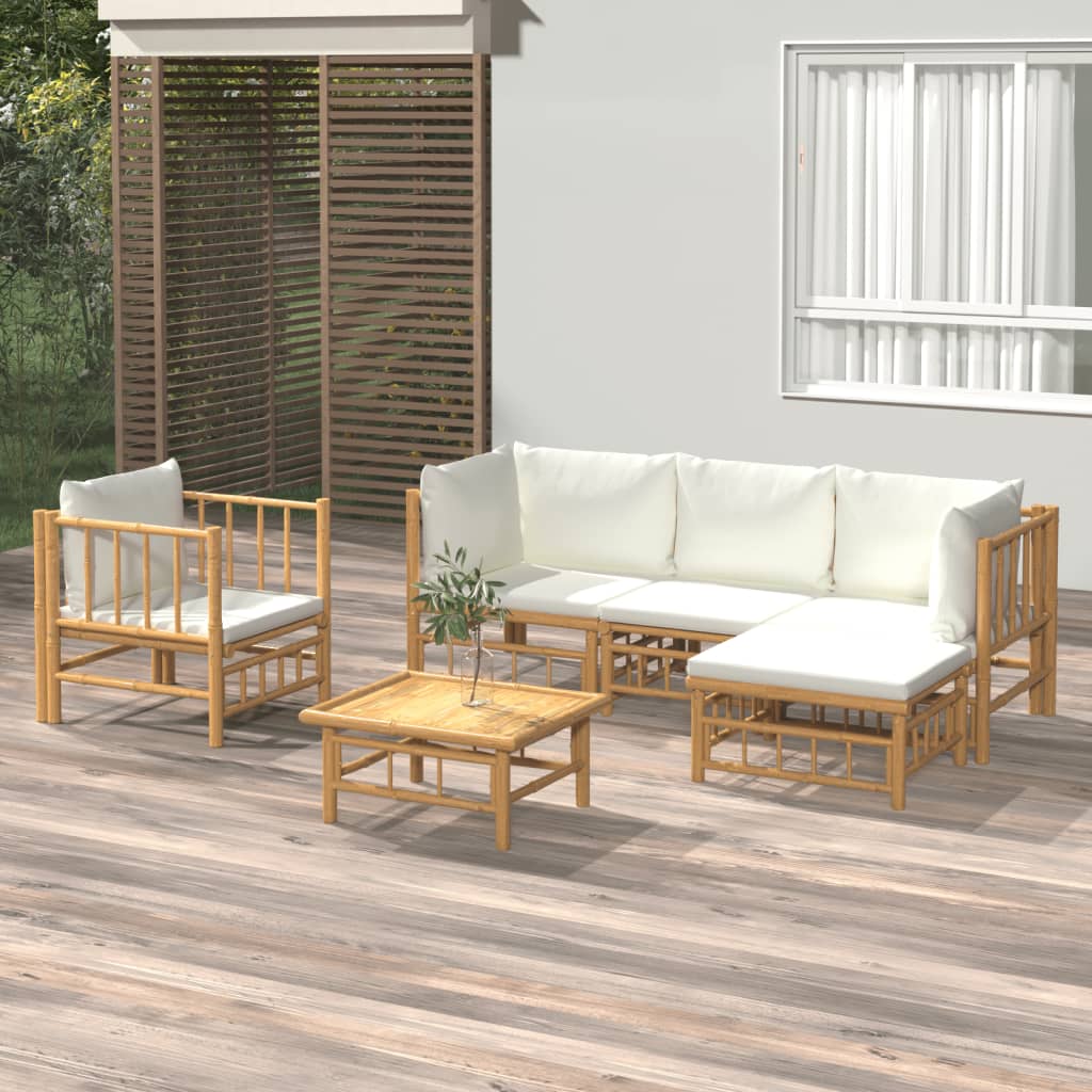 Set Salotto da Giardino 6pz con Cuscini Bianco Crema in BambÃƒÂ¹