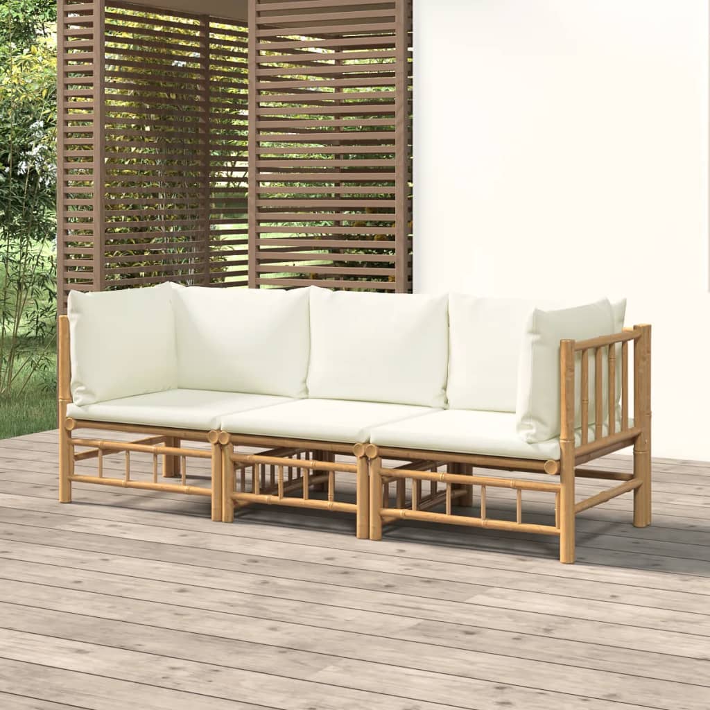 Set Salotto da Giardino 3pz con Cuscini Bianco Crema in BambÃƒÂ¹
