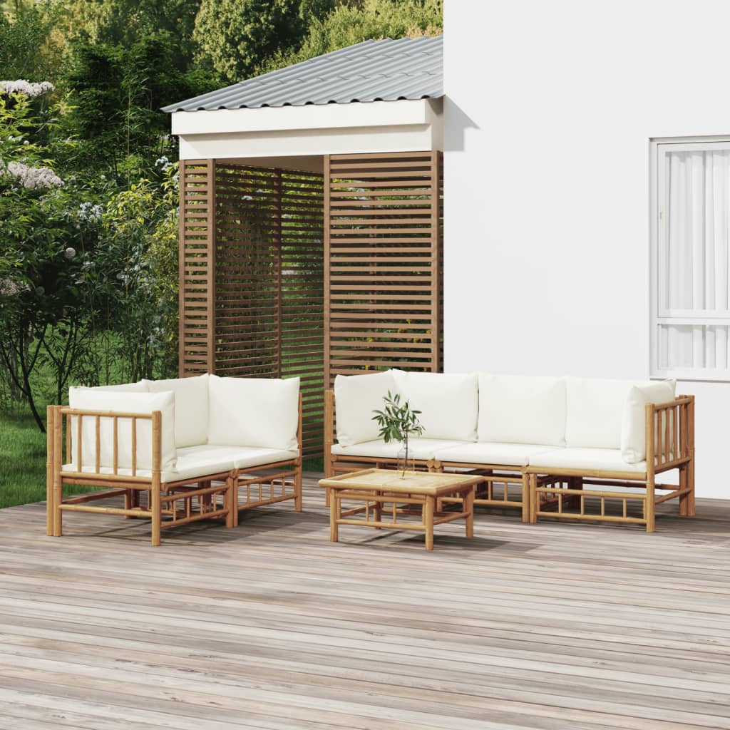 Set Salotto da Giardino 6pz con Cuscini Bianco Crema in BambÃƒÂ¹