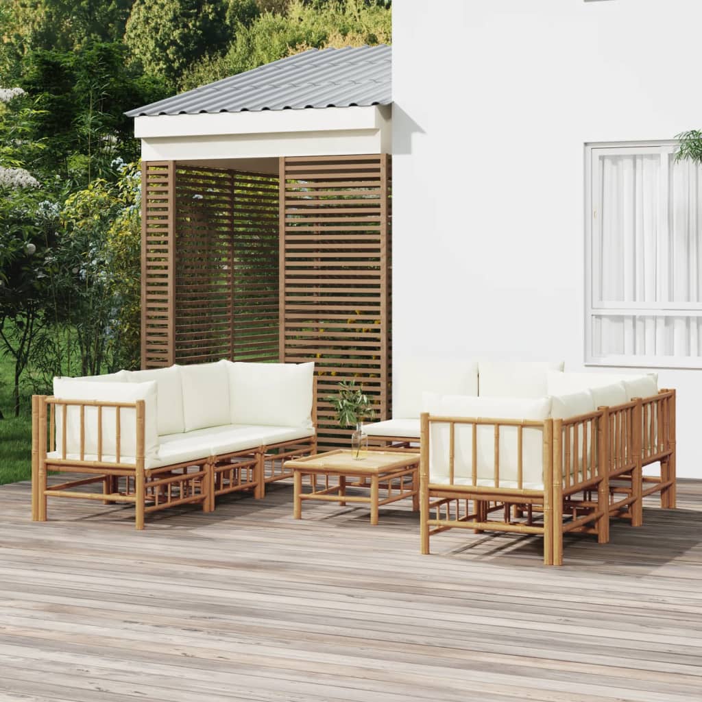 Set Salotto da Giardino 9pz con Cuscini Bianco Crema in BambÃƒÂ¹