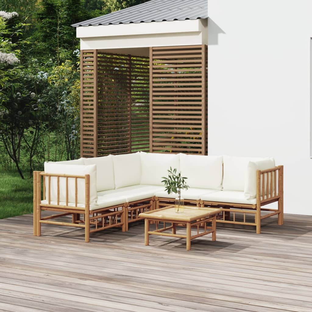 Set Salotto da Giardino 6pz con Cuscini Bianco Crema in BambÃƒÂ¹