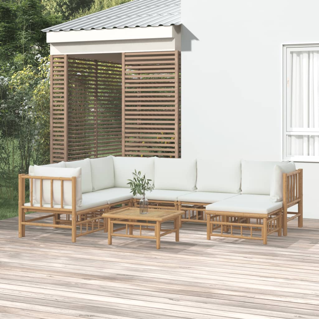 Set Salotto da Giardino 8pz con Cuscini Bianco Crema in BambÃƒÂ¹