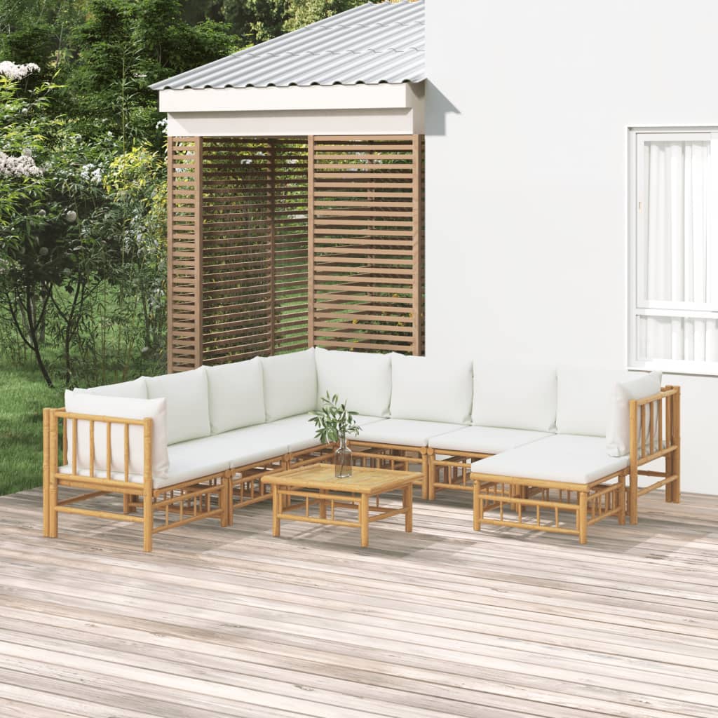 Set Salotto da Giardino 9pz con Cuscini Bianco Crema in BambÃƒÂ¹