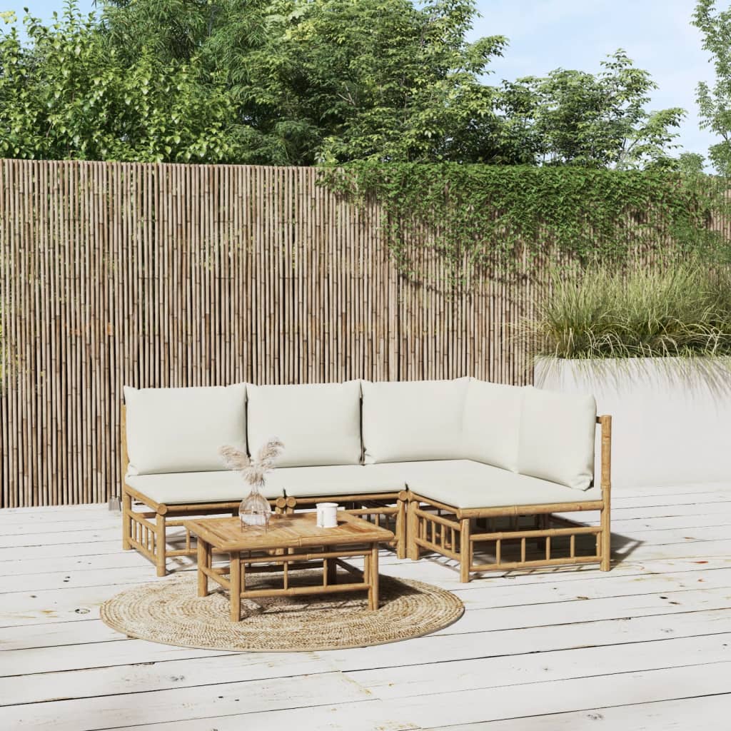 Set Salotto da Giardino 5pz con Cuscini Bianco Crema in BambÃ¹
