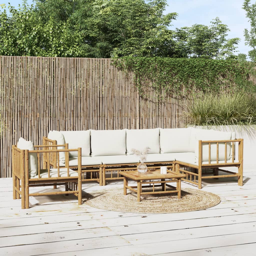 Set Salotto da Giardino 7pz con Cuscini Bianco Crema in BambÃƒÂ¹