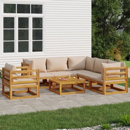 Set Salotto da Giardino 7pz con Cuscini Tortora Legno Massello