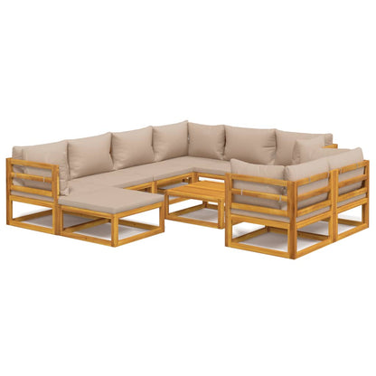 Set Salotto da Giardino 10pz con Cuscini Tortora Legno Massello