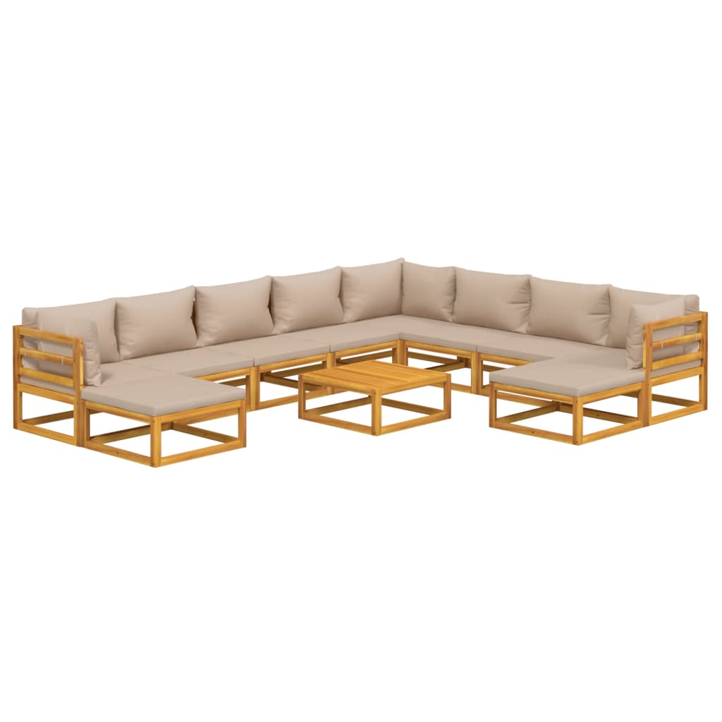 Set Salotto da Giardino 11pz con Cuscini Tortora Legno Massello