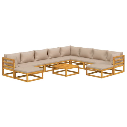 Set Salotto da Giardino 11pz con Cuscini Tortora Legno Massello