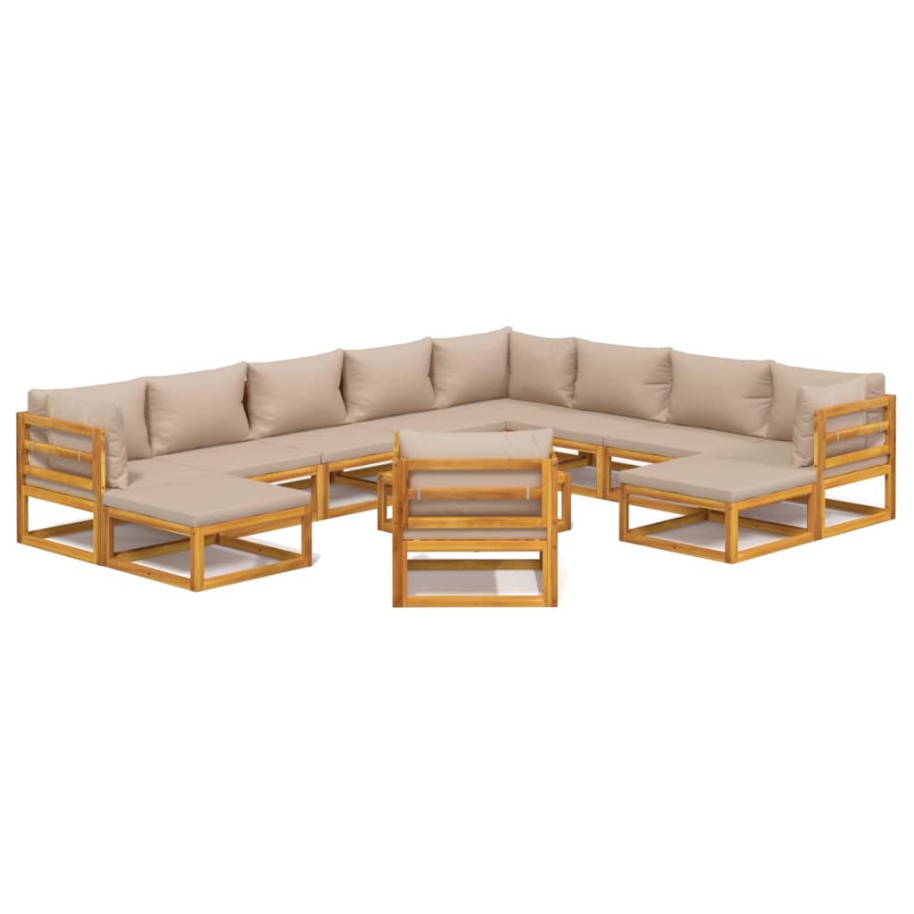 Set Salotto da Giardino 12pz con Cuscini Tortora Legno Massello
