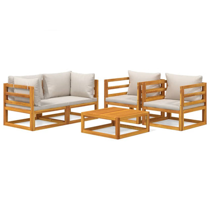 Set Salotto Giardino 5pz Cuscini Grigio Chiaro Legno Massello