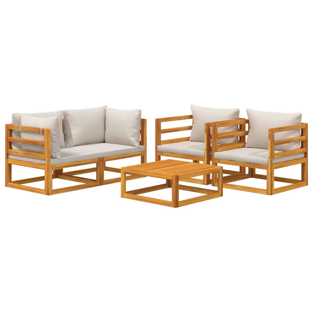 Set Salotto Giardino 5pz Cuscini Grigio Chiaro Legno Massello