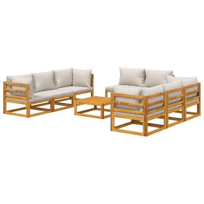 Set Salotto Giardino 9pz Cuscini Grigio Chiaro Legno Massello