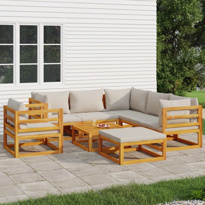 Set Salotto Giardino 8pz Cuscini Grigio Chiaro Legno Massello