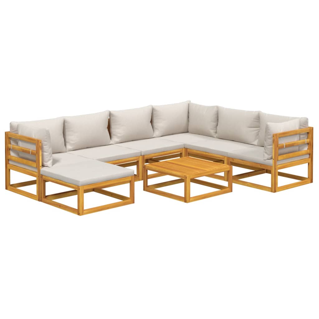 Set Salotto Giardino 8pz Cuscini Grigio Chiaro Legno Massello
