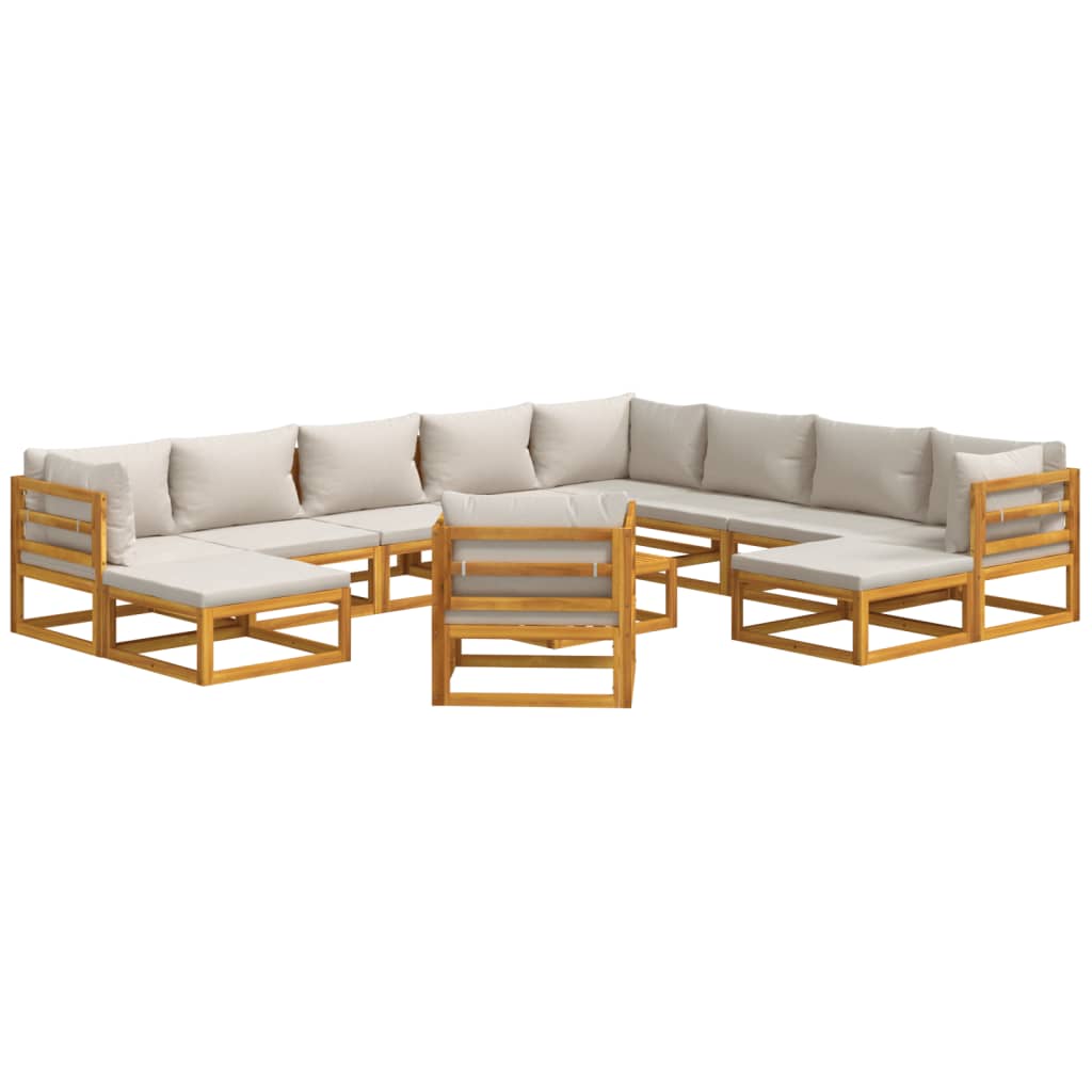 Set Salotto Giardino 12pz Cuscini Grigio Chiaro Legno Massello