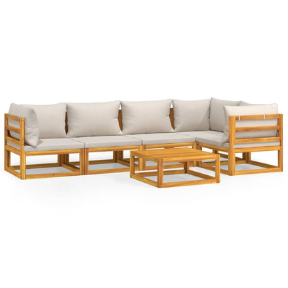 Set Salotto Giardino 6pz Cuscini Grigio Chiaro Legno Massello