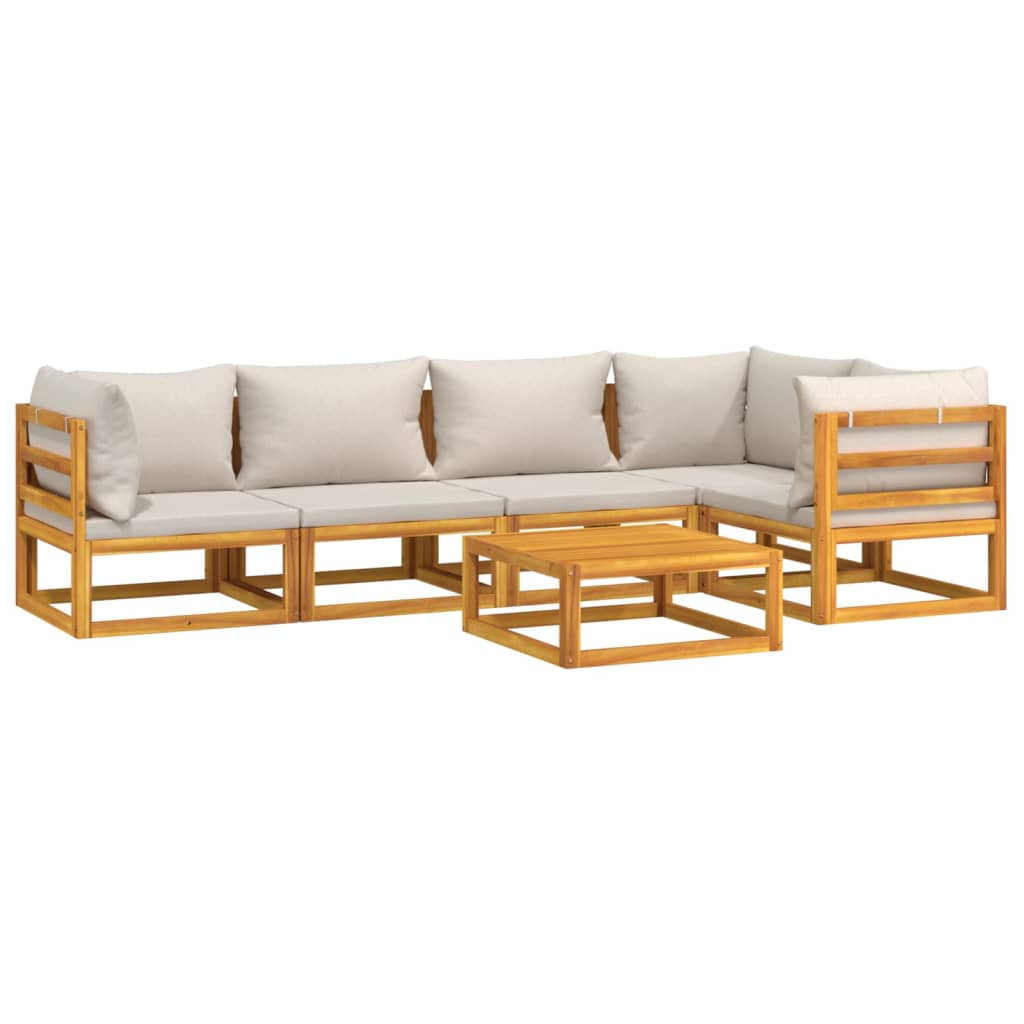 Set Salotto Giardino 6pz Cuscini Grigio Chiaro Legno Massello